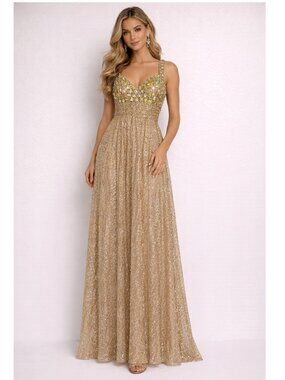 La Femme Gown Beaded Dress Gold Sequin Rhinestone Evening Tall 6